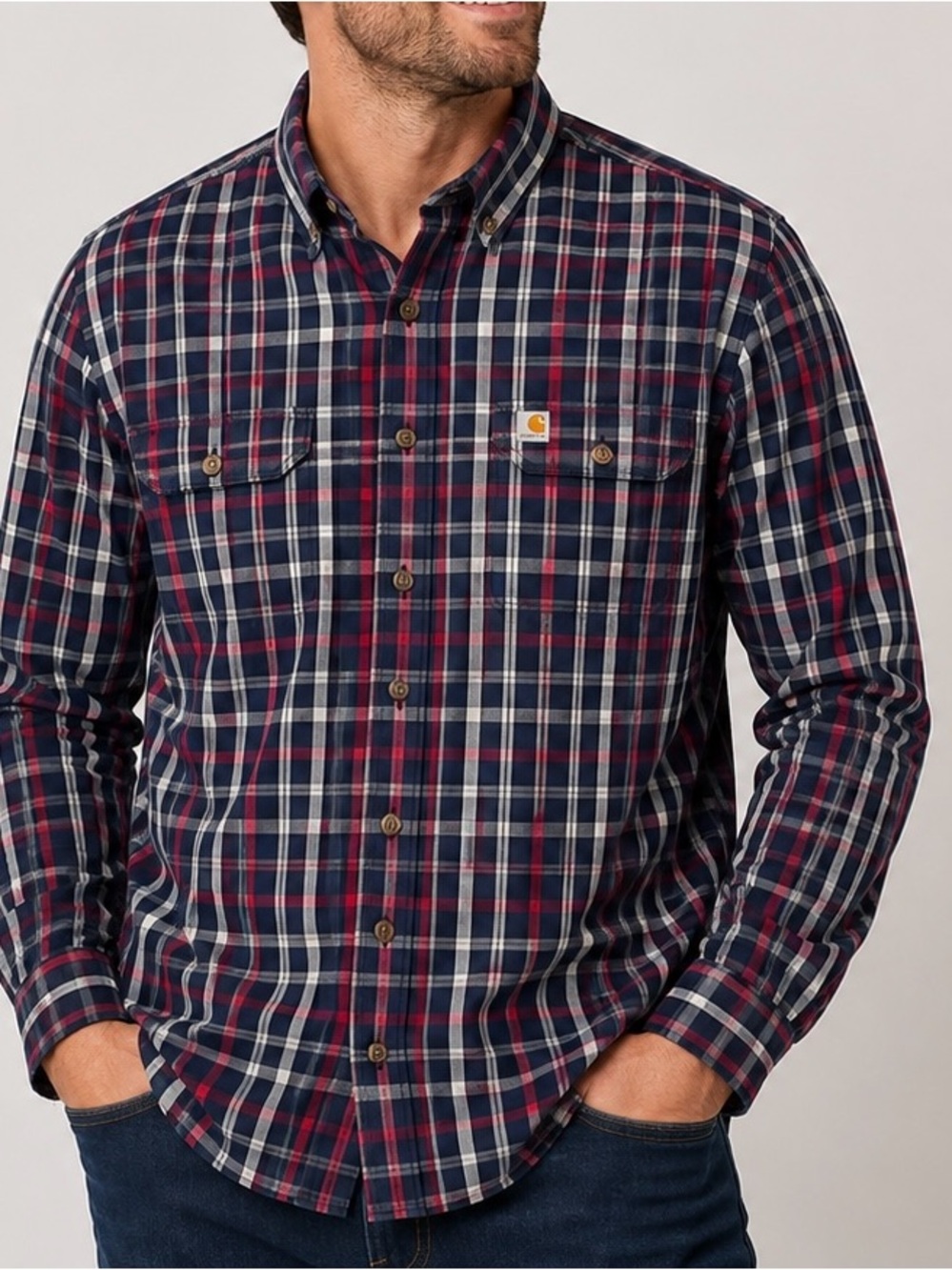 Carhartt Relaxed Fit Plaid Button Down Shirt Navy Red Grey Size Large
